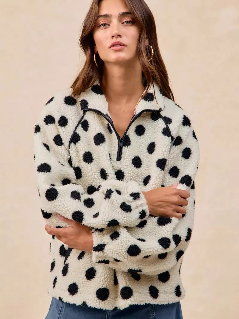 BiBi Cozy Polka Dot Half Zip Up Sherpa-Women's Shirts & Tops-Shop Z & Joxa