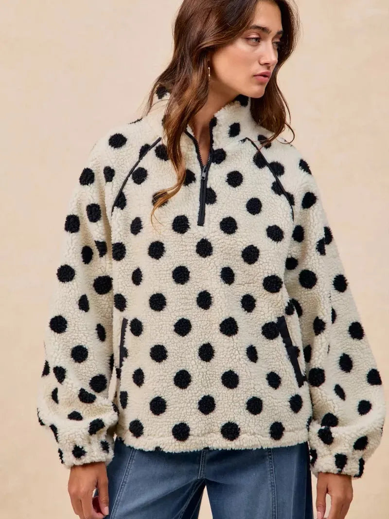 BiBi Cozy Polka Dot Half Zip Up Sherpa-Women's Shirts & Tops-Shop Z & Joxa