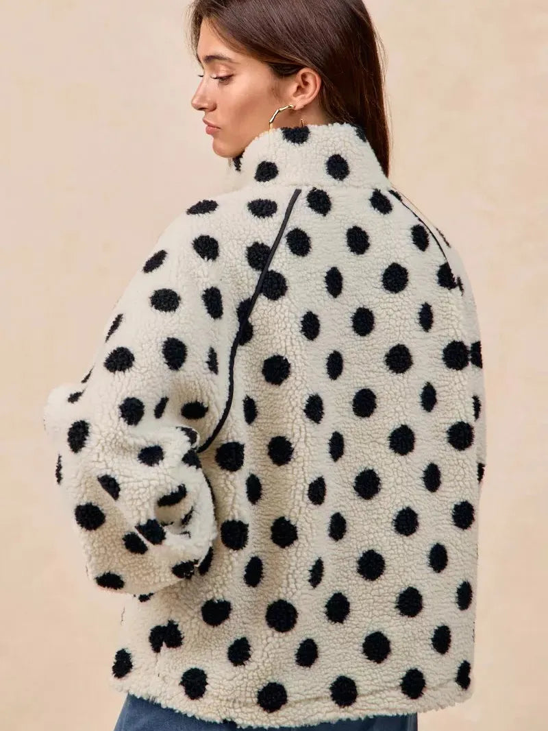 BiBi Cozy Polka Dot Half Zip Up Sherpa-Women's Shirts & Tops-Shop Z & Joxa