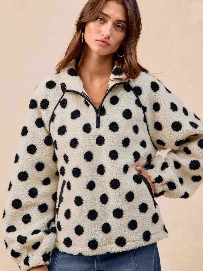 BiBi Cozy Polka Dot Half Zip Up Sherpa-Women's Shirts & Tops-Shop Z & Joxa