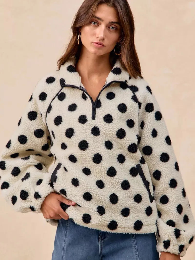 BiBi Cozy Polka Dot Half Zip Up Sherpa-Women's Shirts & Tops-Shop Z & Joxa