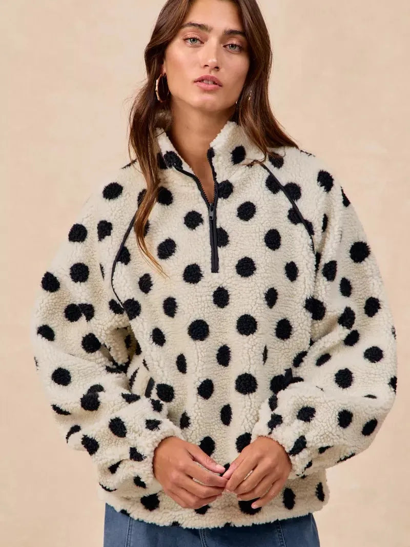 BiBi Cozy Polka Dot Half Zip Up Sherpa-Women's Shirts & Tops-Shop Z & Joxa