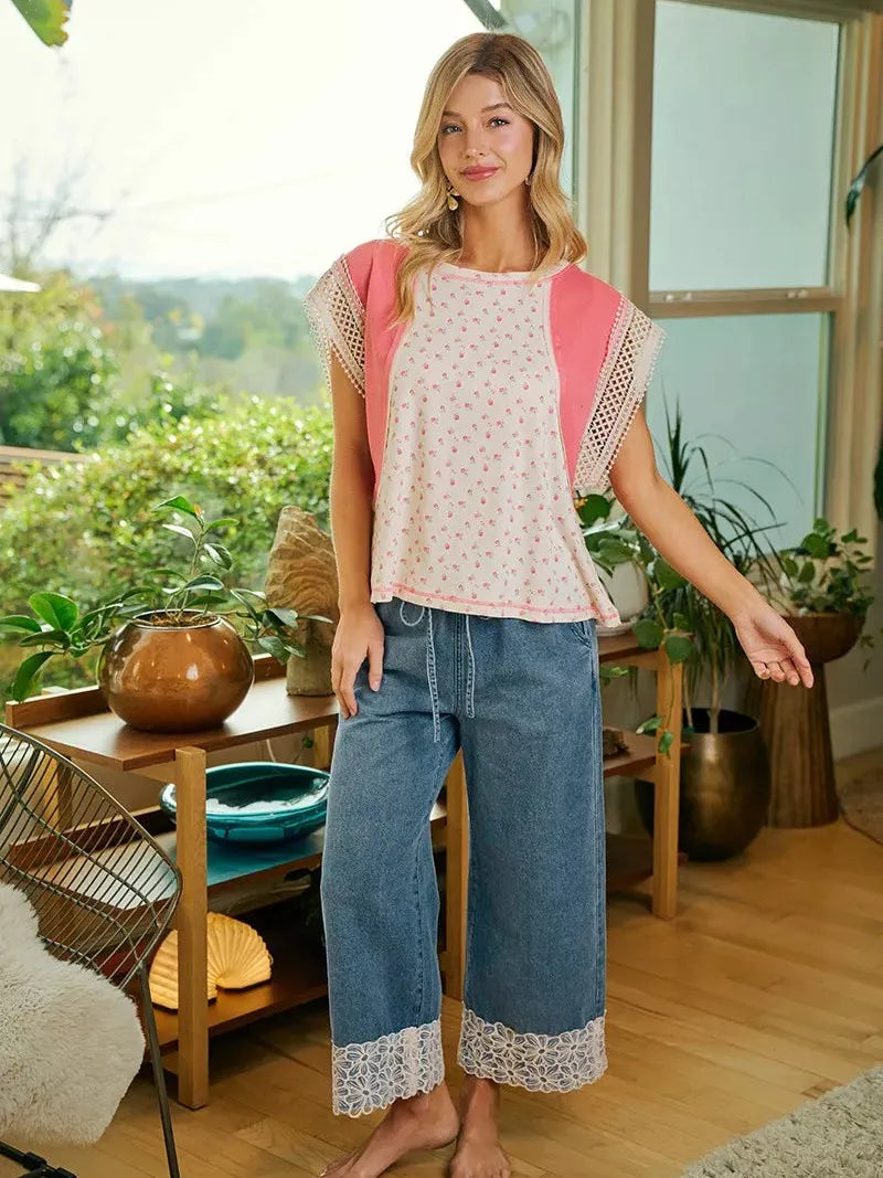 BiBi Denim and Lace Washed Denim Flower Lace Trim Pants-Women's Jeans-Shop Z & Joxa