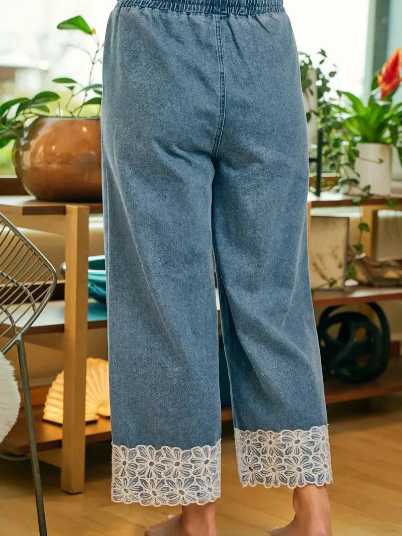 BiBi Denim and Lace Washed Denim Flower Lace Trim Pants-Women's Jeans-Shop Z & Joxa