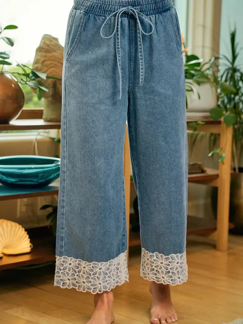 BiBi Denim and Lace Washed Denim Flower Lace Trim Pants-Women's Jeans-Shop Z & Joxa