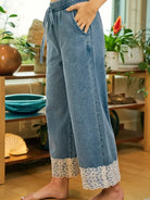 BiBi Denim and Lace Washed Denim Flower Lace Trim Pants-Women's Jeans-Shop Z & Joxa