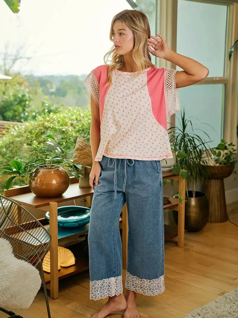 BiBi Denim and Lace Washed Denim Flower Lace Trim Pants-Women's Jeans-Shop Z & Joxa