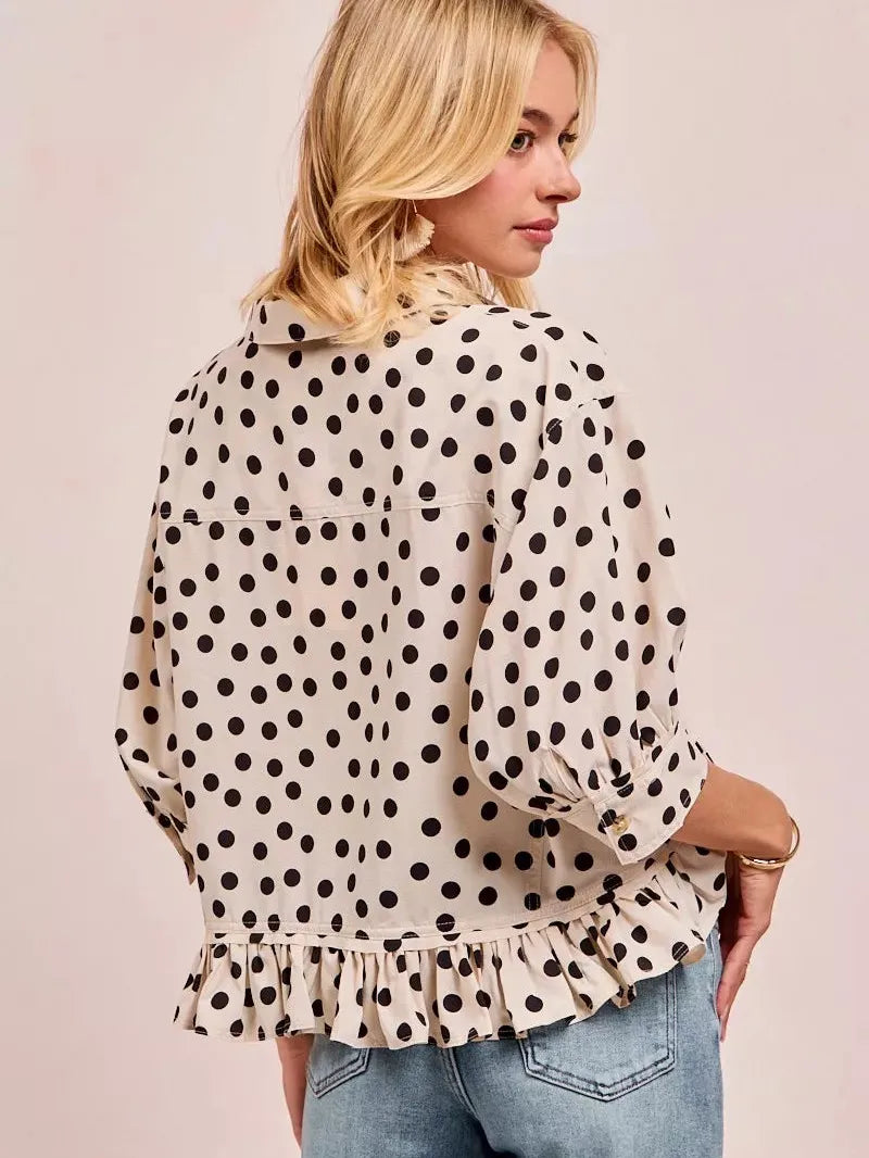 BiBi Dot Darling Polka Dot Ruffle Hem Peplum Top-Women's Shirts & Tops-Shop Z & Joxa
