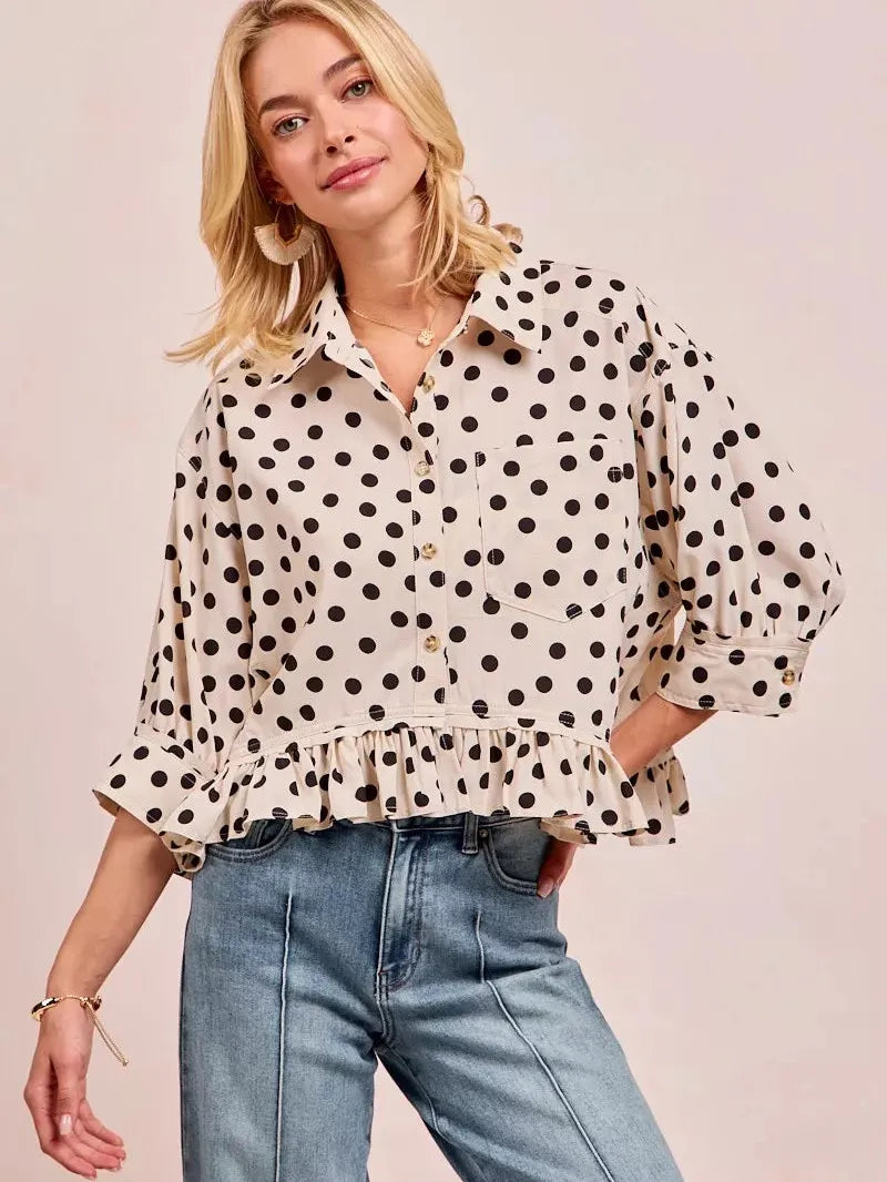 BiBi Dot Darling Polka Dot Ruffle Hem Peplum Top-Women's Shirts & Tops-Shop Z & Joxa
