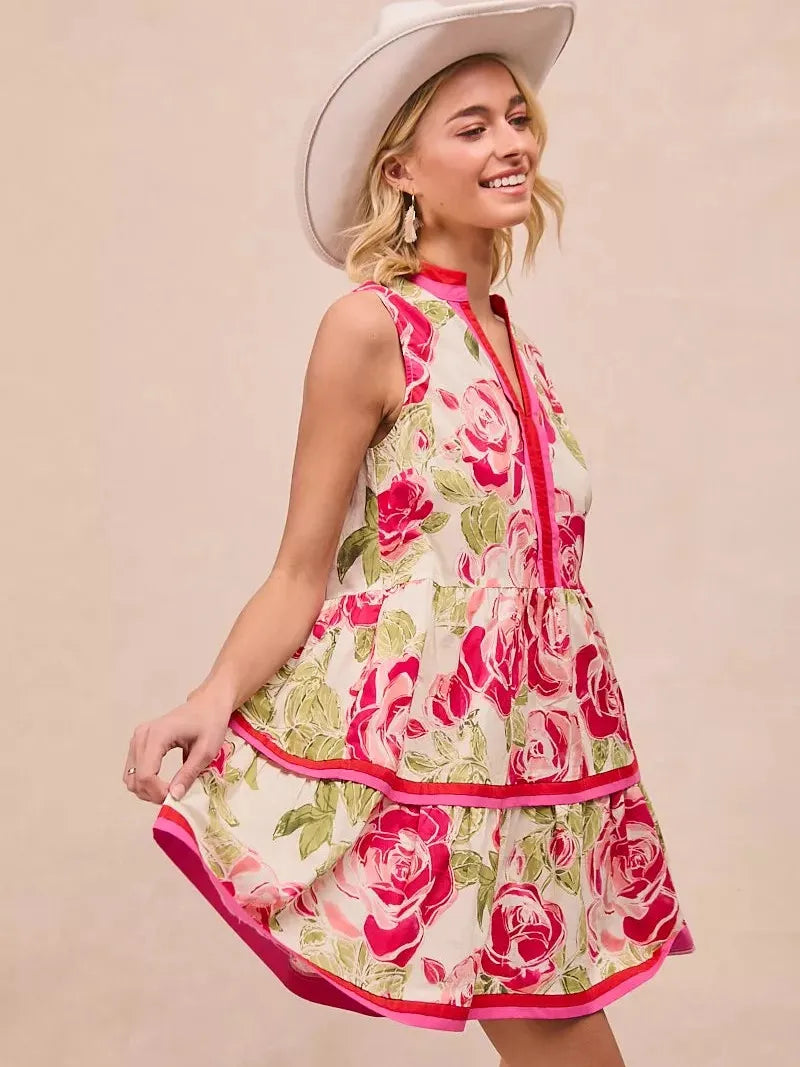 BiBi Flirty Florals Contrast Edge Tiered Ruffle Mini Dress-Women's Dresses-Shop Z & Joxa