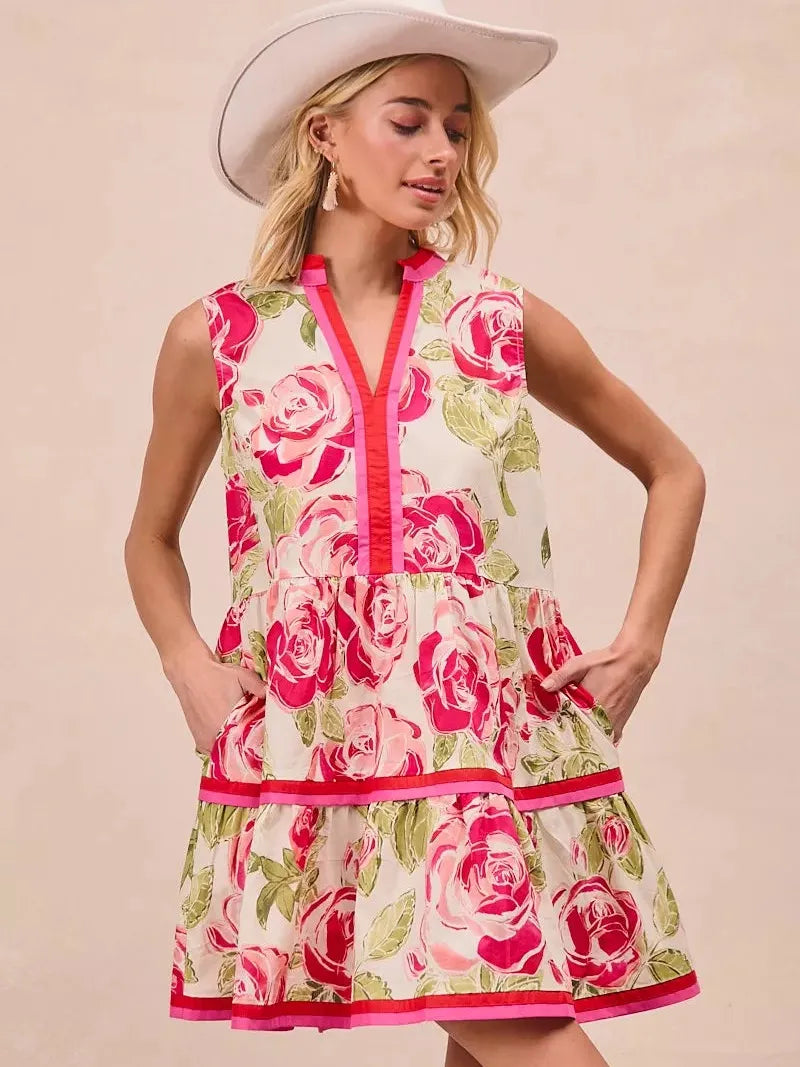 BiBi Flirty Florals Contrast Edge Tiered Ruffle Mini Dress-Women's Dresses-Shop Z & Joxa