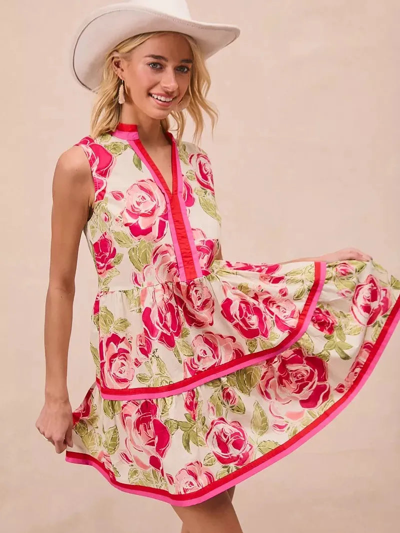 BiBi Flirty Florals Contrast Edge Tiered Ruffle Mini Dress-Women's Dresses-Shop Z & Joxa