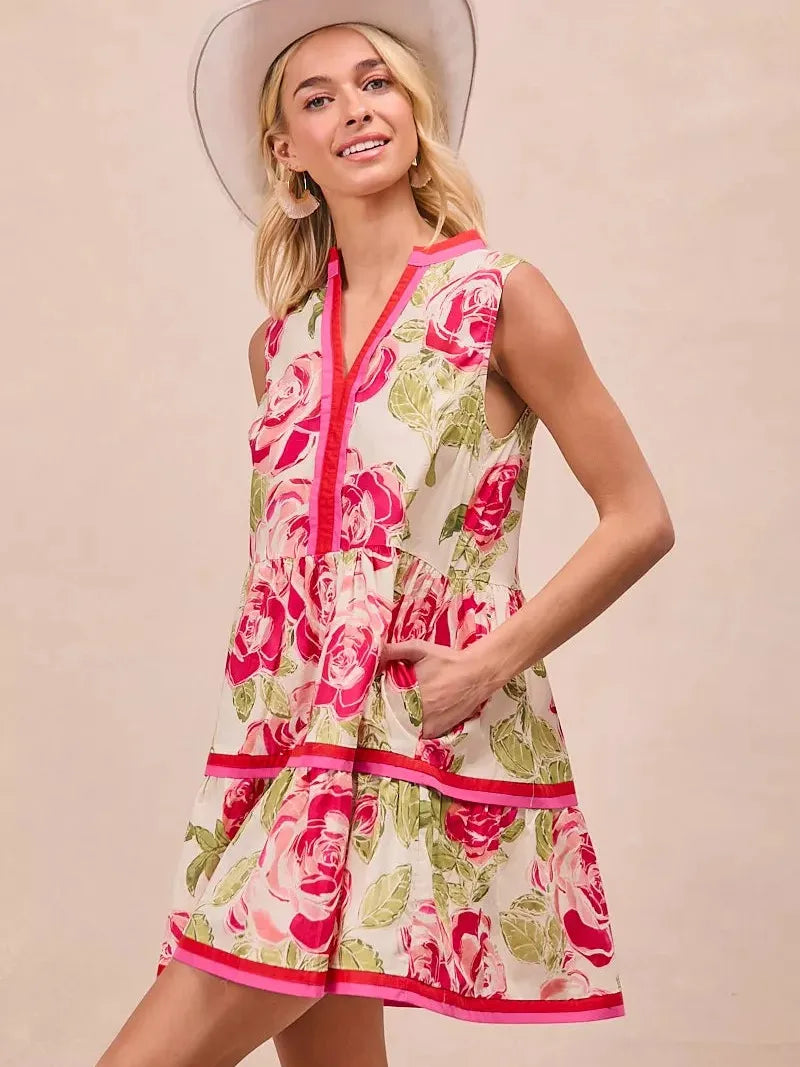 BiBi Flirty Florals Contrast Edge Tiered Ruffle Mini Dress-Women's Dresses-Shop Z & Joxa