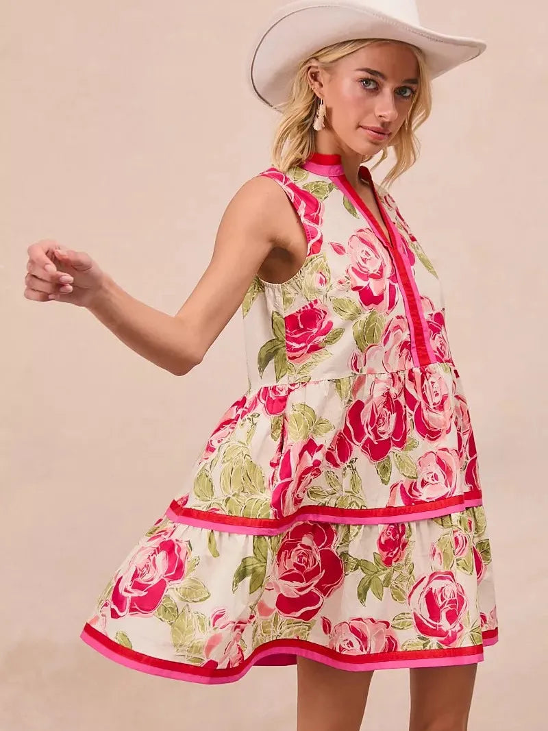 BiBi Flirty Florals Contrast Edge Tiered Ruffle Mini Dress-Women's Dresses-Shop Z & Joxa