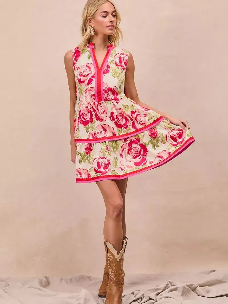 BiBi Flirty Florals Contrast Edge Tiered Ruffle Mini Dress-Women's Dresses-Shop Z & Joxa