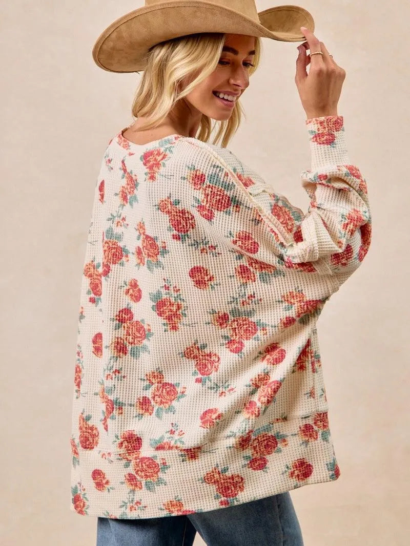 BiBi Floral Comfort Oversized Waffle Thermal Sweatshirt-Women's Shirts & Tops-Shop Z & Joxa