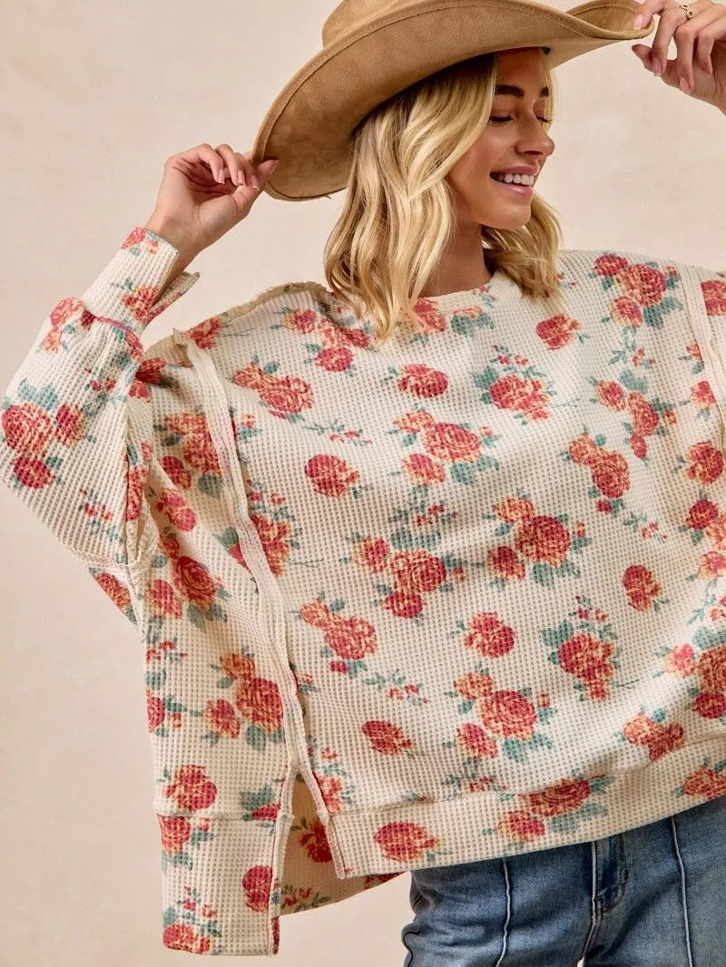BiBi Floral Comfort Oversized Waffle Thermal Sweatshirt-Women's Shirts & Tops-Shop Z & Joxa