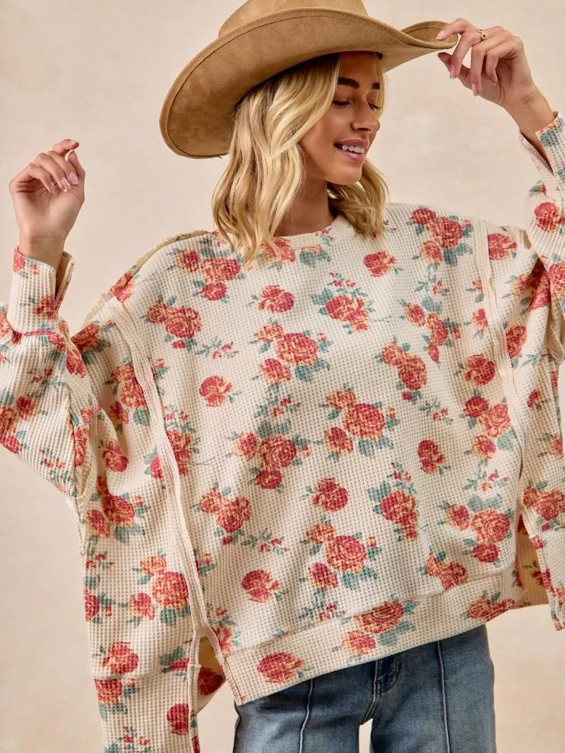 BiBi Floral Comfort Oversized Waffle Thermal Sweatshirt-Women's Shirts & Tops-Shop Z & Joxa