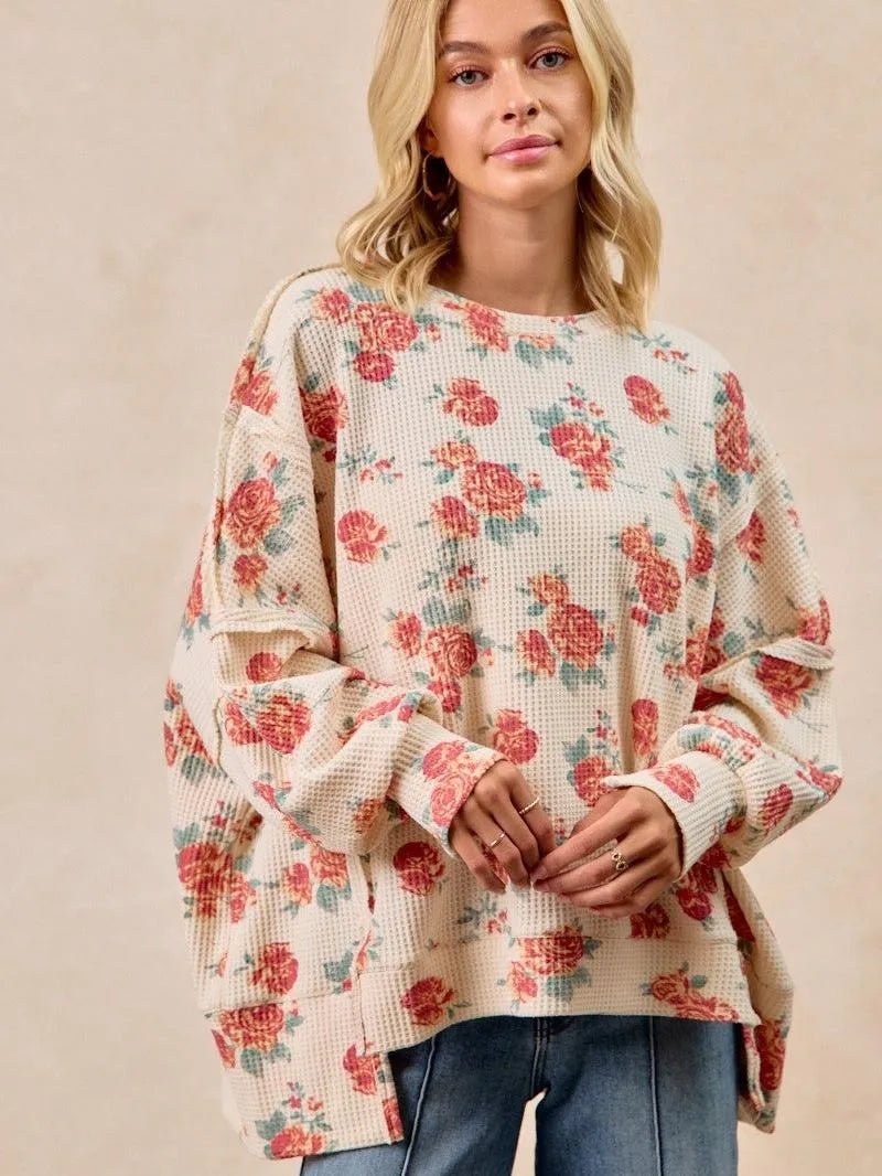 BiBi Floral Comfort Oversized Waffle Thermal Sweatshirt-Women's Shirts & Tops-Shop Z & Joxa