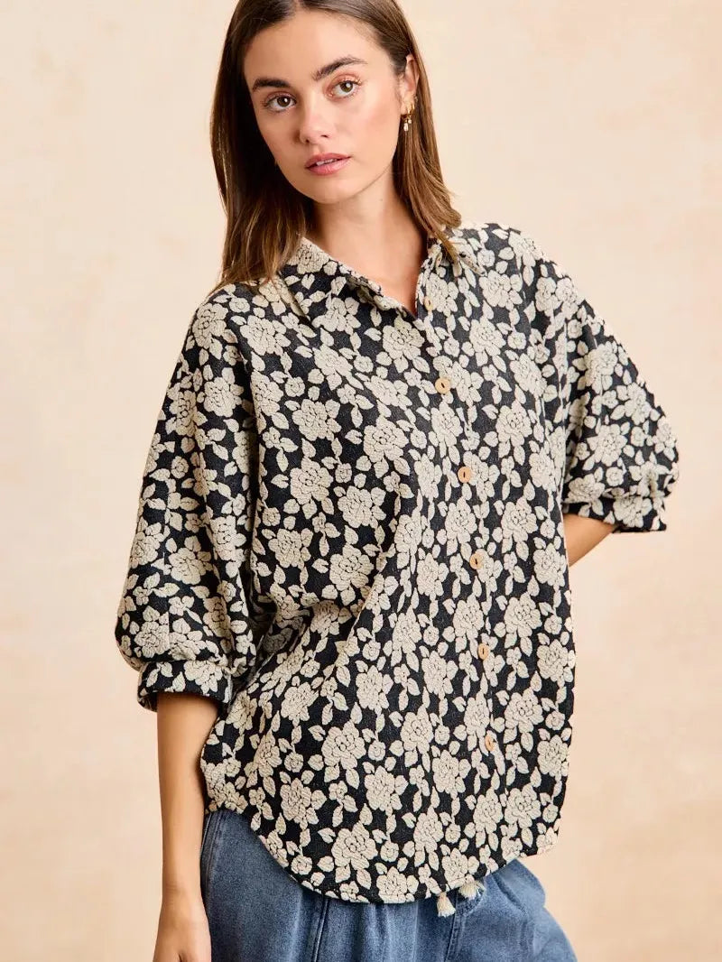 BiBi Floral Jacquard Short Dolman Sleeves Shirt-Women's Shirts & Tops-Shop Z & Joxa