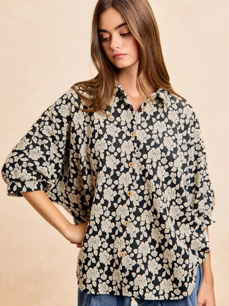 BiBi Floral Jacquard Short Dolman Sleeves Shirt-Women's Shirts & Tops-Shop Z & Joxa