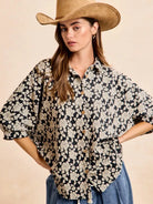 BiBi Floral Jacquard Short Dolman Sleeves Shirt-Women's Shirts & Tops-Shop Z & Joxa