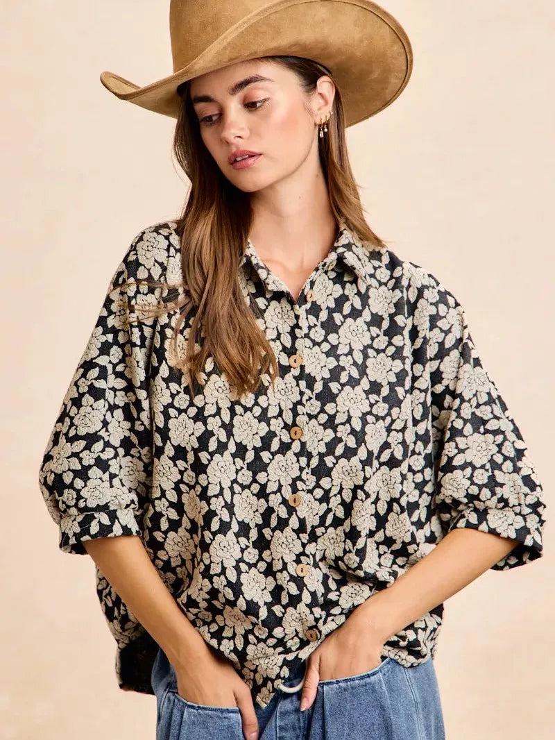 BiBi Floral Jacquard Short Dolman Sleeves Shirt-Women's Shirts & Tops-Shop Z & Joxa