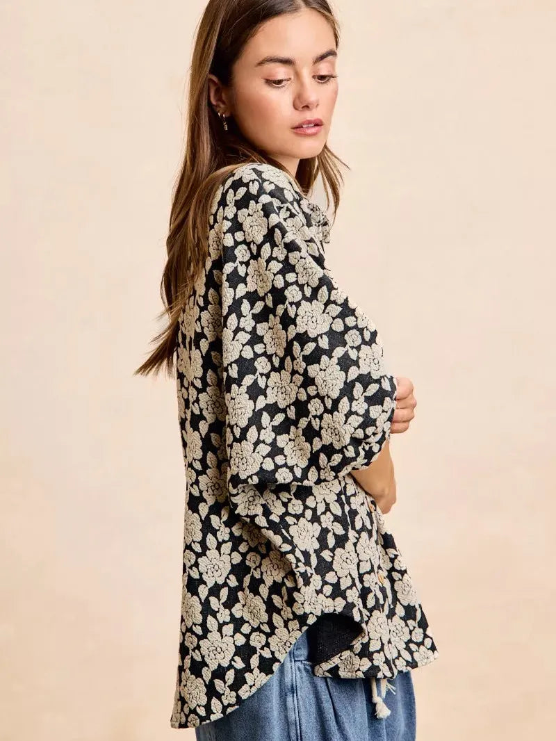BiBi Floral Jacquard Short Dolman Sleeves Shirt-Women's Shirts & Tops-Shop Z & Joxa