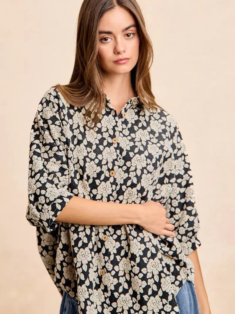 BiBi Floral Jacquard Short Dolman Sleeves Shirt-Women's Shirts & Tops-Shop Z & Joxa