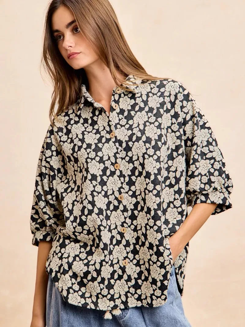 BiBi Floral Jacquard Short Dolman Sleeves Shirt-Women's Shirts & Tops-Shop Z & Joxa