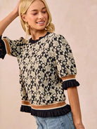 BiBi Floral Statement Rose Knit Top with Banded Puff Sleeve-Women's Shirts & Tops-Shop Z & Joxa