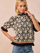 BiBi Floral Statement Rose Knit Top with Banded Puff Sleeve-Women's Shirts & Tops-Shop Z & Joxa