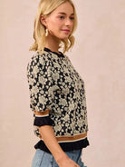 BiBi Floral Statement Rose Knit Top with Banded Puff Sleeve-Women's Shirts & Tops-Shop Z & Joxa