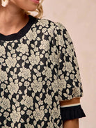 BiBi Floral Statement Rose Knit Top with Banded Puff Sleeve-Women's Shirts & Tops-Shop Z & Joxa