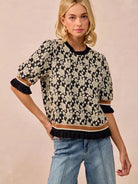 BiBi Floral Statement Rose Knit Top with Banded Puff Sleeve-Women's Shirts & Tops-Shop Z & Joxa