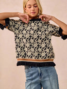 BiBi Floral Statement Rose Knit Top with Banded Puff Sleeve-Women's Shirts & Tops-Shop Z & Joxa