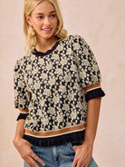 BiBi Floral Statement Rose Knit Top with Banded Puff Sleeve-Women's Shirts & Tops-Shop Z & Joxa