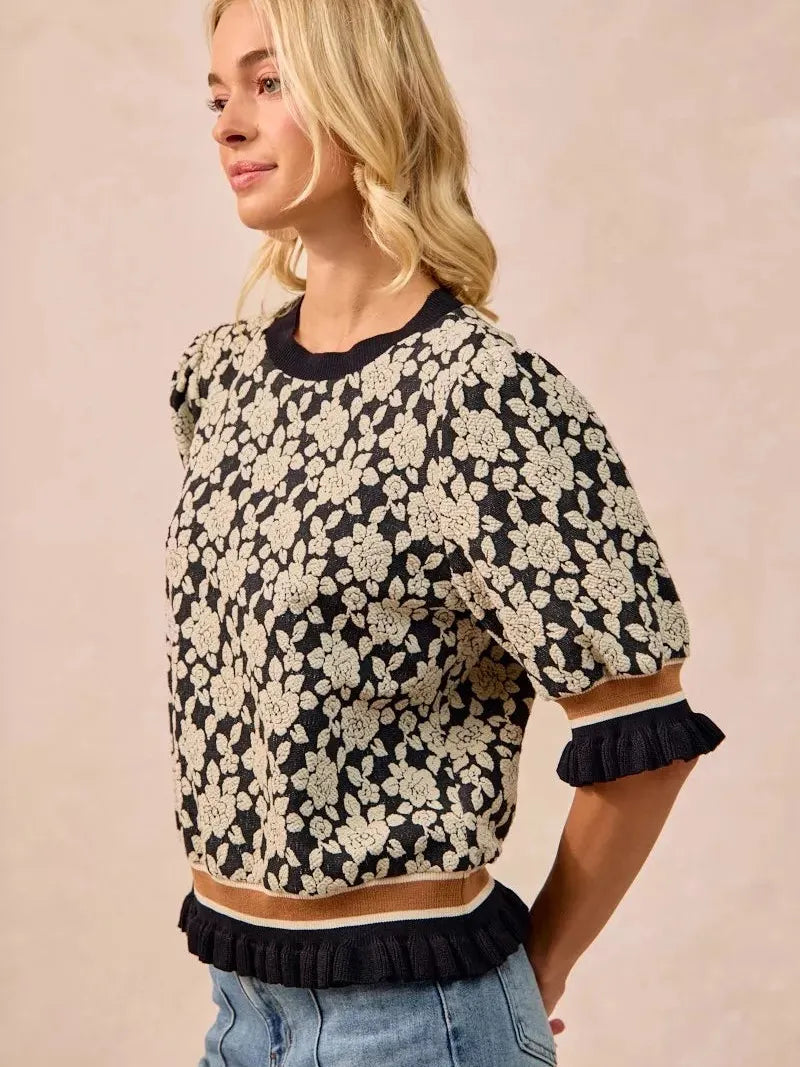 BiBi Floral Statement Rose Knit Top with Banded Puff Sleeve-Women's Shirts & Tops-Shop Z & Joxa