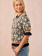 BiBi Floral Statement Rose Knit Top with Banded Puff Sleeve-Women's Shirts & Tops-Shop Z & Joxa