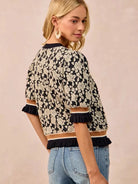 BiBi Floral Statement Rose Knit Top with Banded Puff Sleeve-Women's Shirts & Tops-Shop Z & Joxa