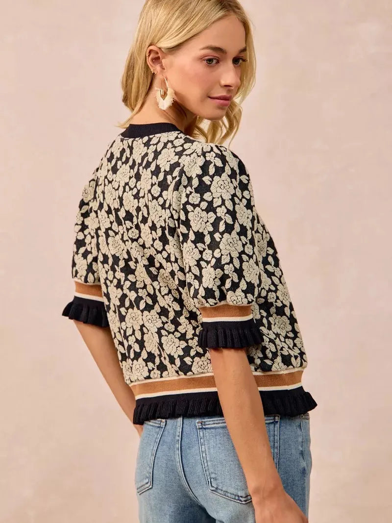 BiBi Floral Statement Rose Knit Top with Banded Puff Sleeve-Women's Shirts & Tops-Shop Z & Joxa