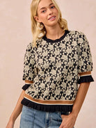 BiBi Floral Statement Rose Knit Top with Banded Puff Sleeve-Women's Shirts & Tops-Shop Z & Joxa