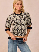 BiBi Floral Statement Rose Knit Top with Banded Puff Sleeve-Women's Shirts & Tops-Shop Z & Joxa