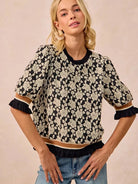 BiBi Floral Statement Rose Knit Top with Banded Puff Sleeve-Women's Shirts & Tops-Shop Z & Joxa