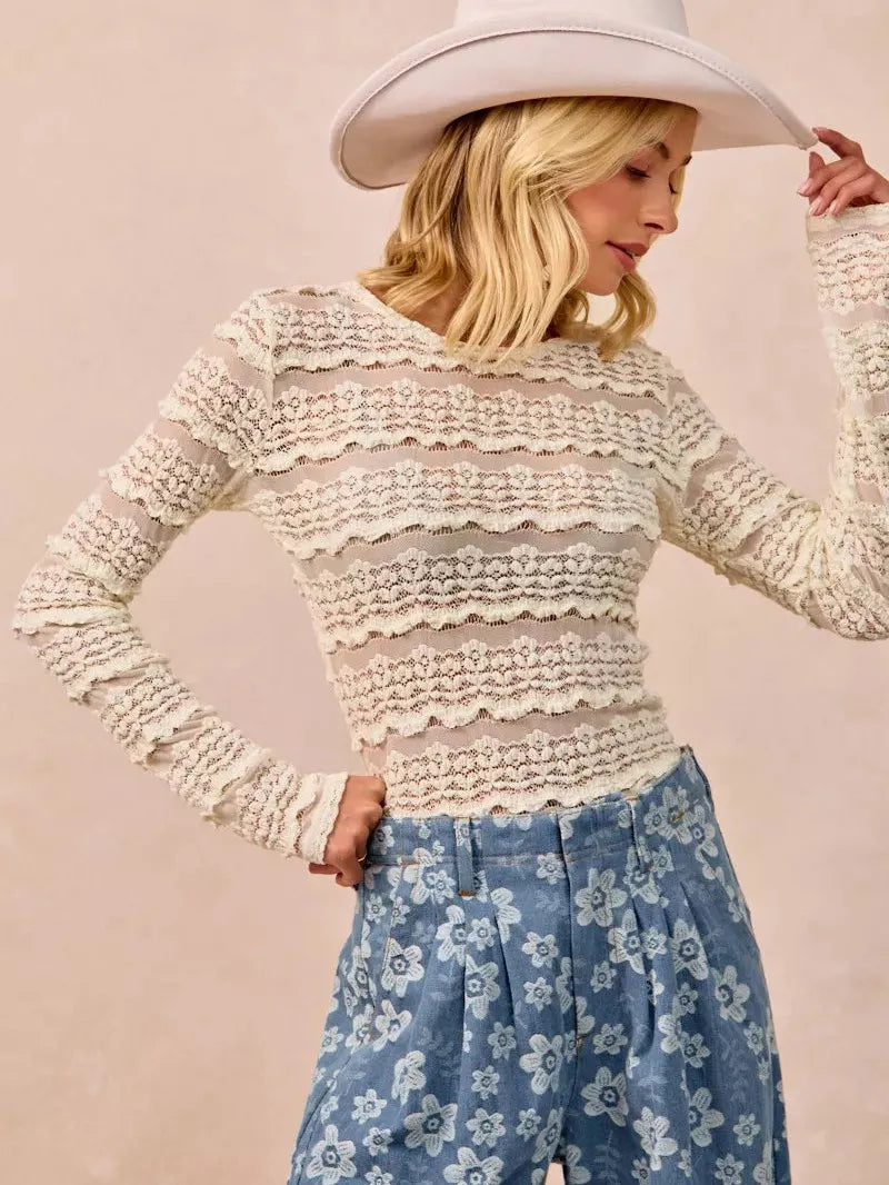 BiBi Golden Hour Ruffles Detail Flower Lace Long Sleeve Top-Women's Shirts & Tops-Shop Z & Joxa