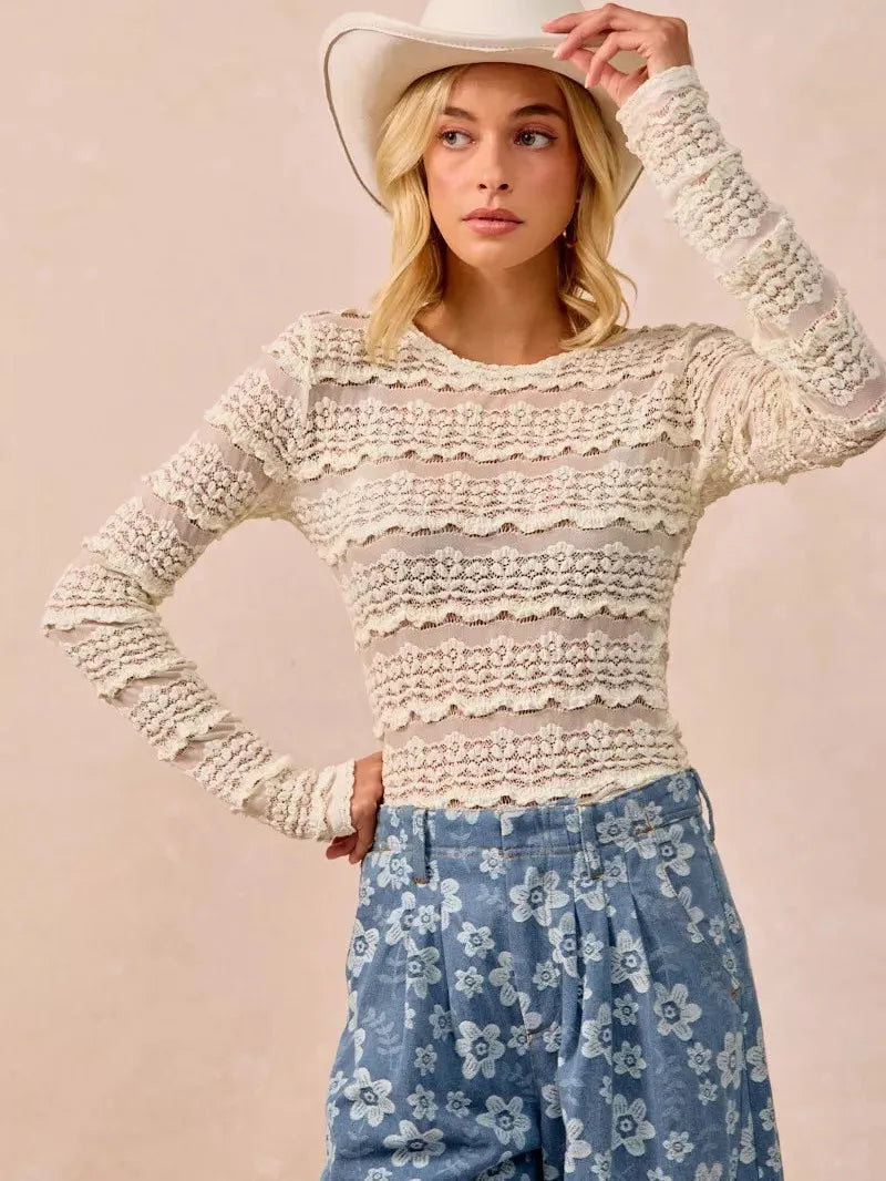 BiBi Golden Hour Ruffles Detail Flower Lace Long Sleeve Top-Women's Shirts & Tops-Shop Z & Joxa