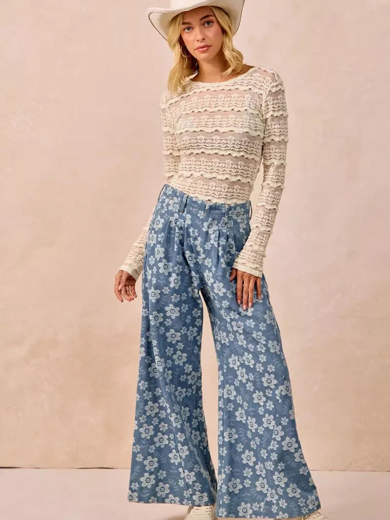 BiBi Golden Hour Ruffles Detail Flower Lace Long Sleeve Top-Women's Shirts & Tops-Shop Z & Joxa