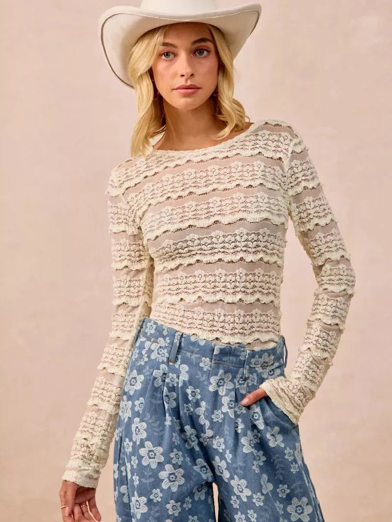 BiBi Golden Hour Ruffles Detail Flower Lace Long Sleeve Top-Women's Shirts & Tops-Shop Z & Joxa
