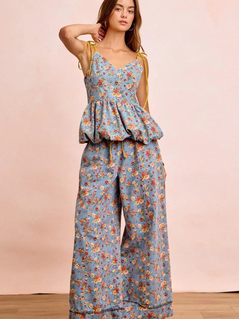 BiBi Indigo Florals Printed Drawstring Wide Denim Pants-Women's Jeans-Shop Z & Joxa