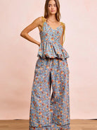 BiBi Indigo Florals Printed Drawstring Wide Denim Pants-Women's Jeans-Shop Z & Joxa